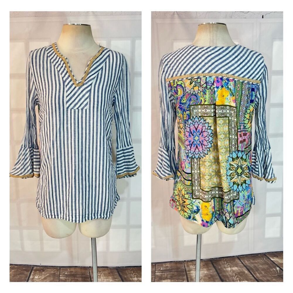 John Mark blue white stripe bell sleeve colorful print back blouse size small